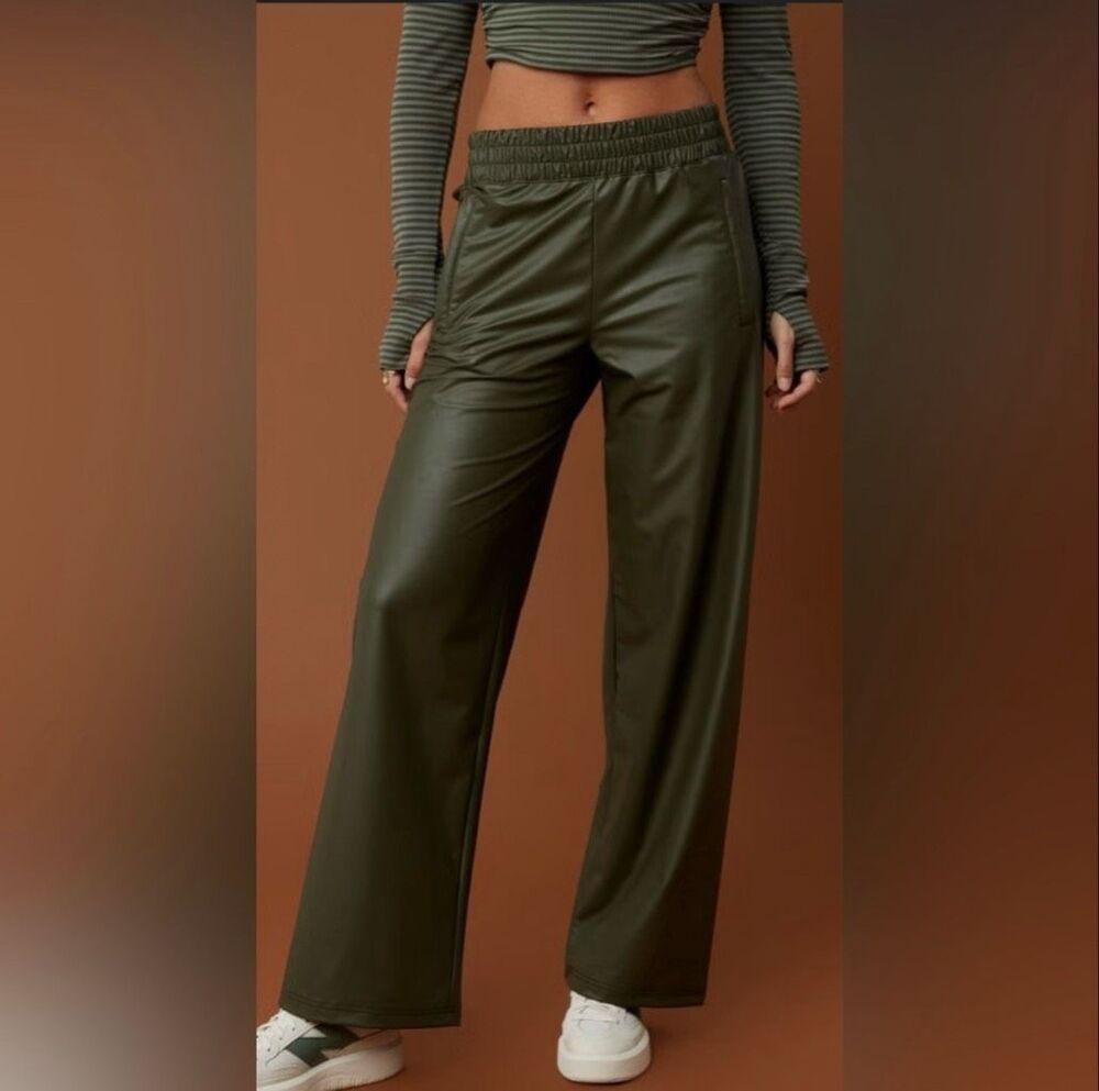 NWT Offline Aerie Real Luxe Faux Leather Wide Leg Pant Dark Green XL Pull on